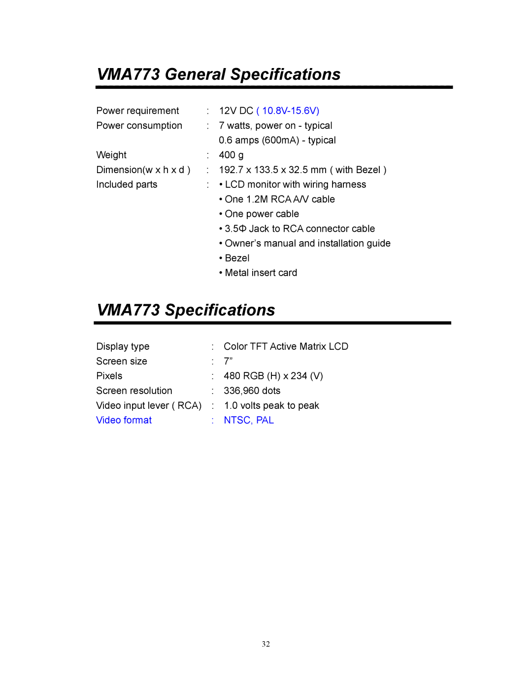 Clarion VMA573 manual VMA773 General Specifications, VMA773 Specifications 