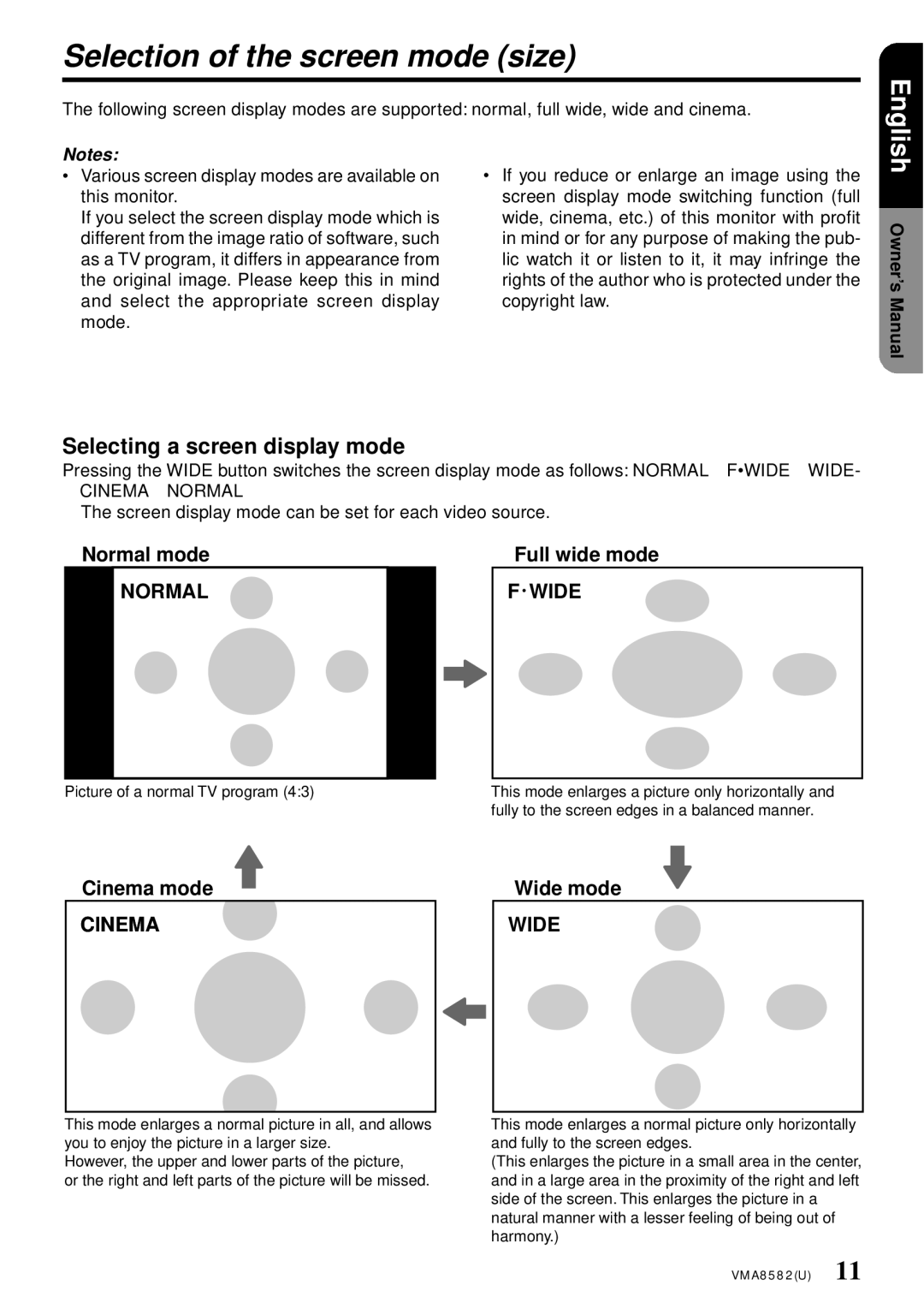 Clarion VMA8582 owner manual Selection of the screen mode size, Selecting a screen display mode, Normal Wide, Cinema 