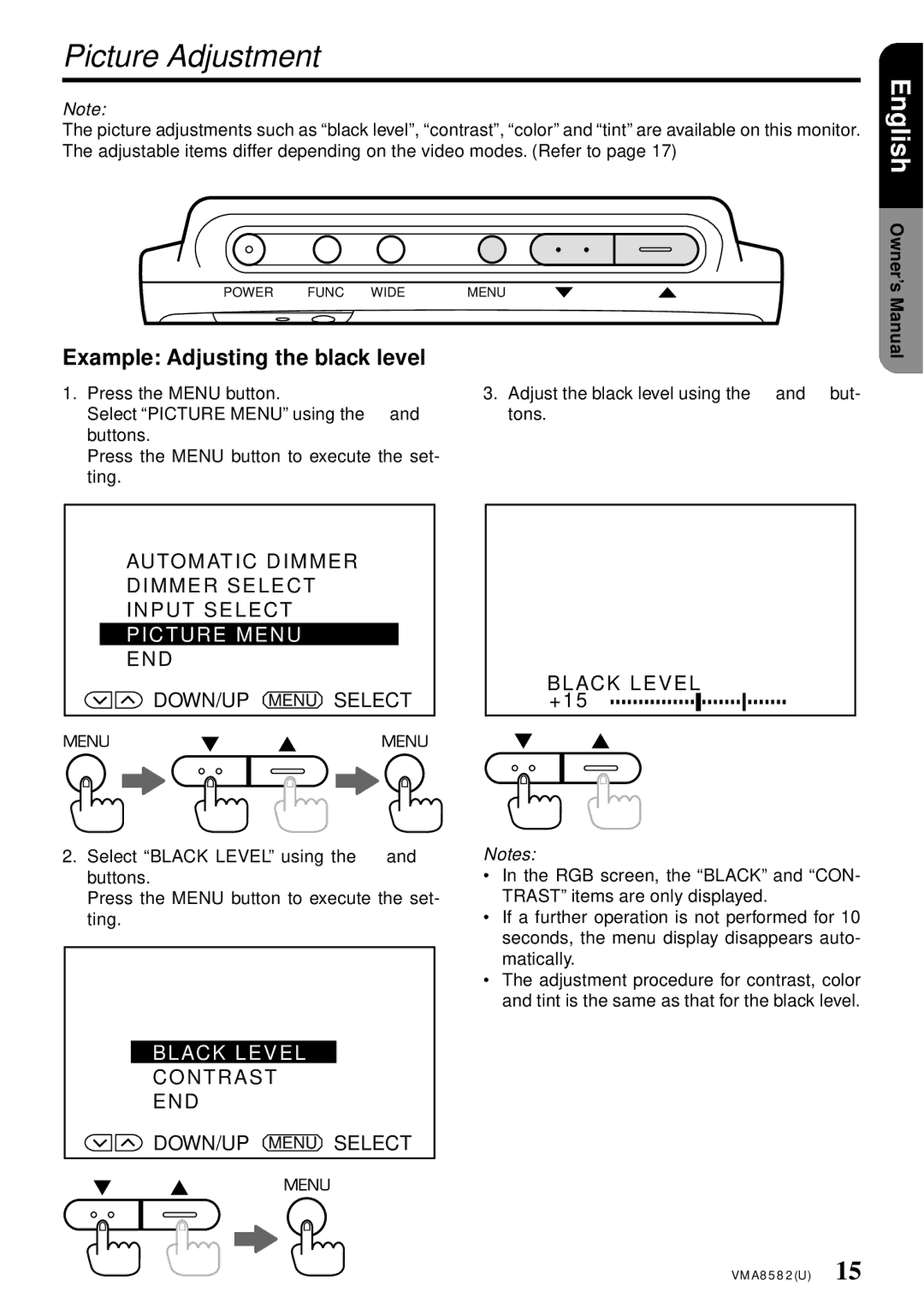 Clarion VMA8582 owner manual Picture Adjustment, Example Adjusting the black level, Picture Menu, Black Level 