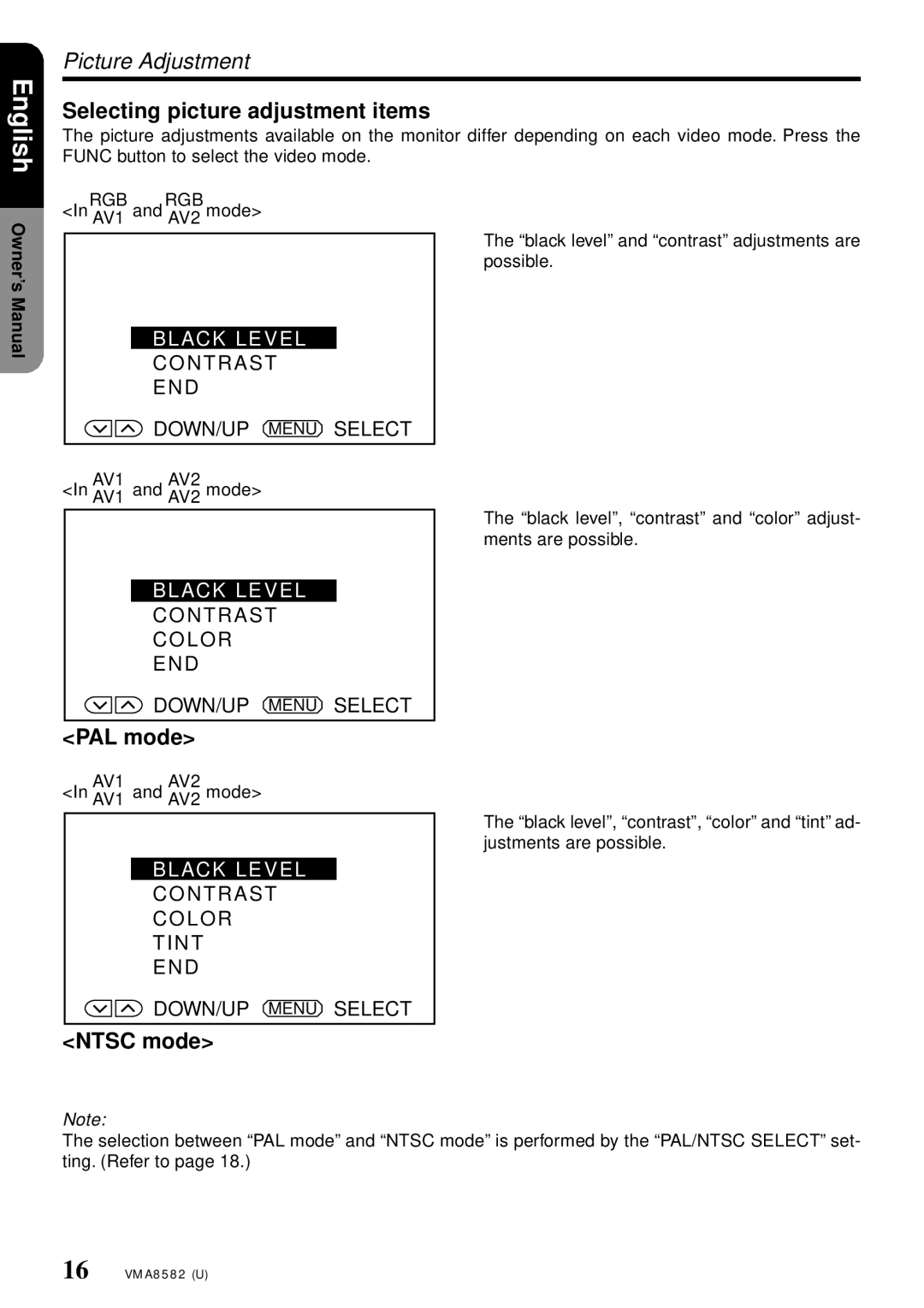 Clarion VMA8582 owner manual Picture Adjustment, Selecting picture adjustment items, PAL mode, Ntsc mode 