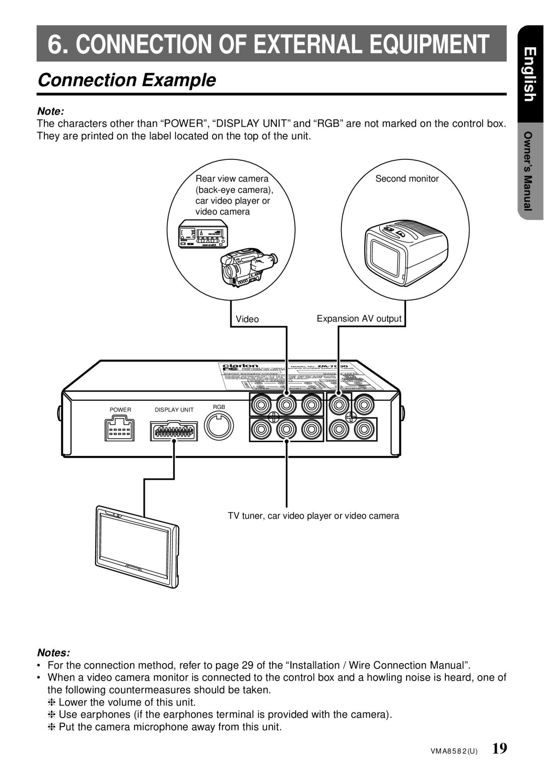 Clarion VMA8582 owner manual Connection of External Equipment, Connection Example 