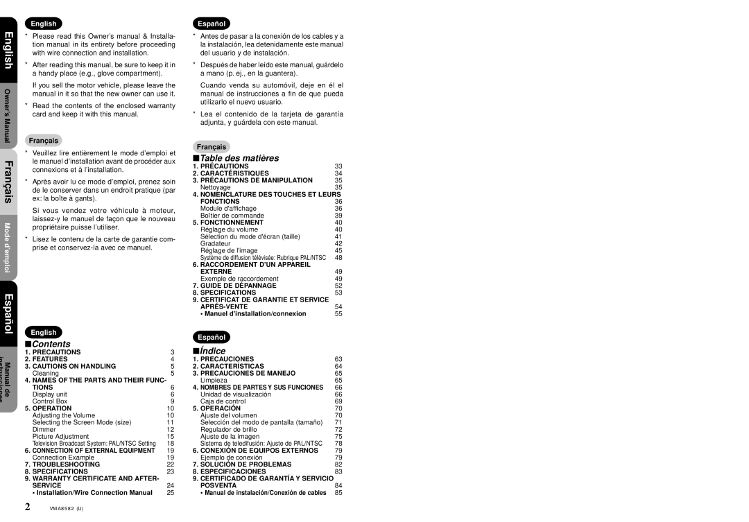 Clarion VMA8582 owner manual Contents, Table des matières, Índice 