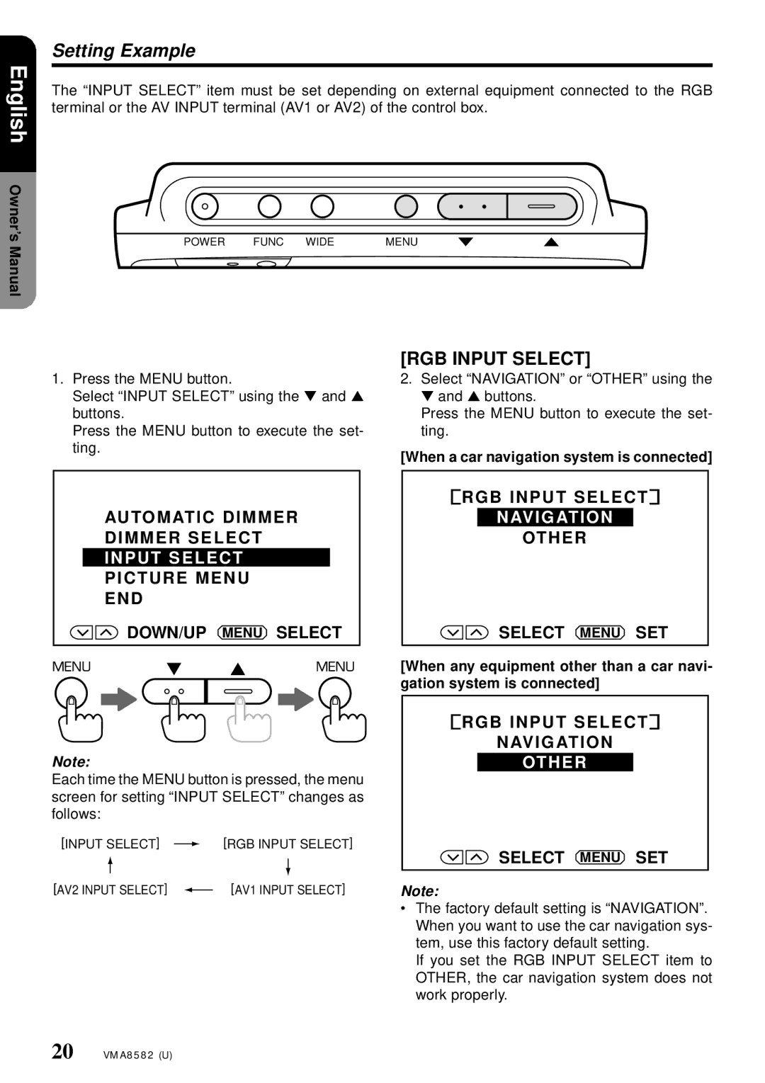 Clarion VMA8582 owner manual Setting Example, Input Select, Navigation, Other 