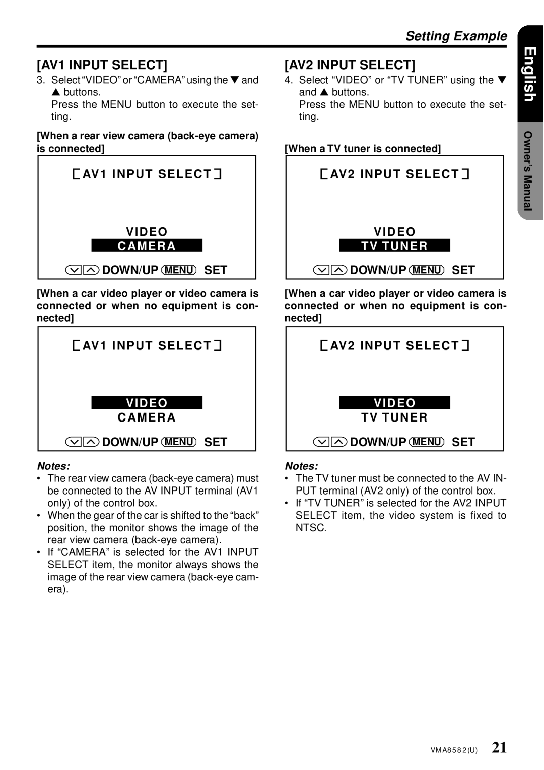 Clarion VMA8582 owner manual Camera, TV Tuner, Video 