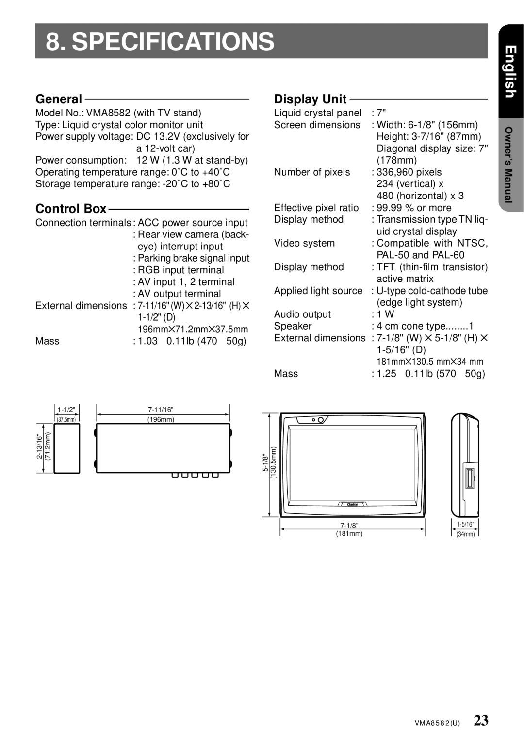 Clarion VMA8582 owner manual Specifications, General, Control Box, Display Unit 