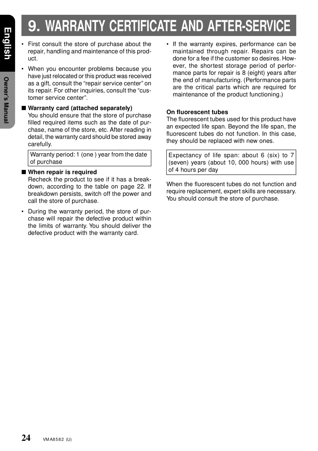 Clarion VMA8582 owner manual Warranty card attached separately, When repair is required, On fluorescent tubes 