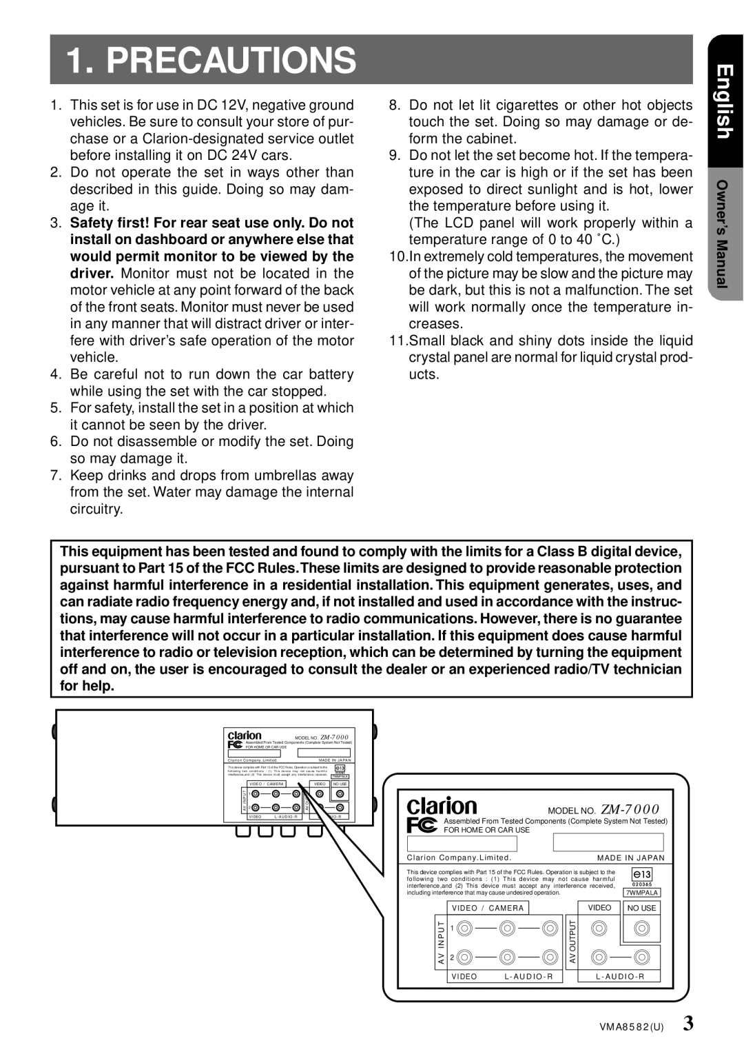 Clarion VMA8582 owner manual Precautions, English 