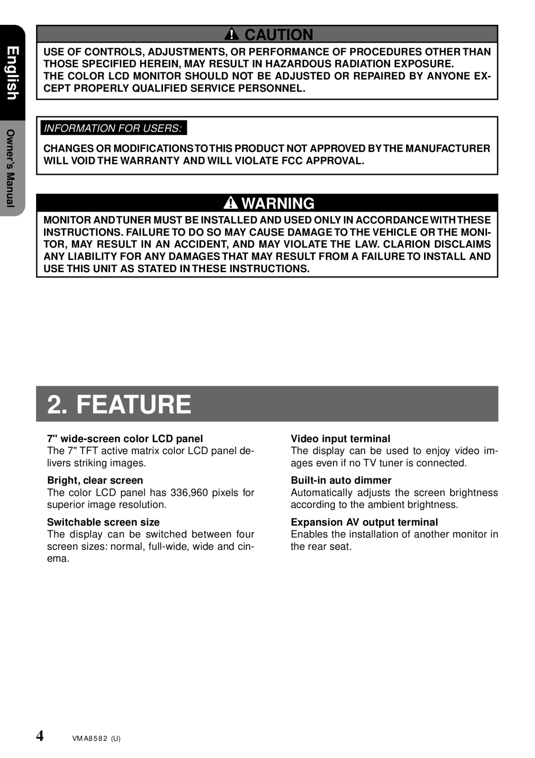 Clarion VMA8582 owner manual Feature 