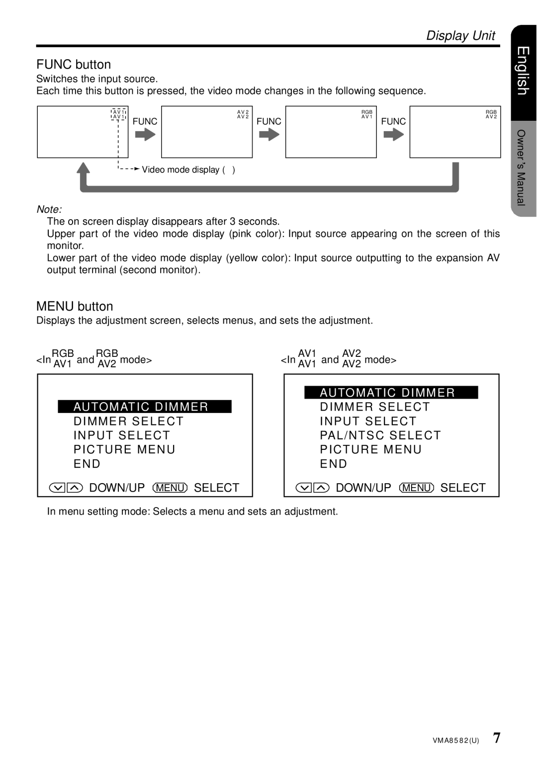 Clarion VMA8582 owner manual Display Unit, Automatic Dimmer, Manual 