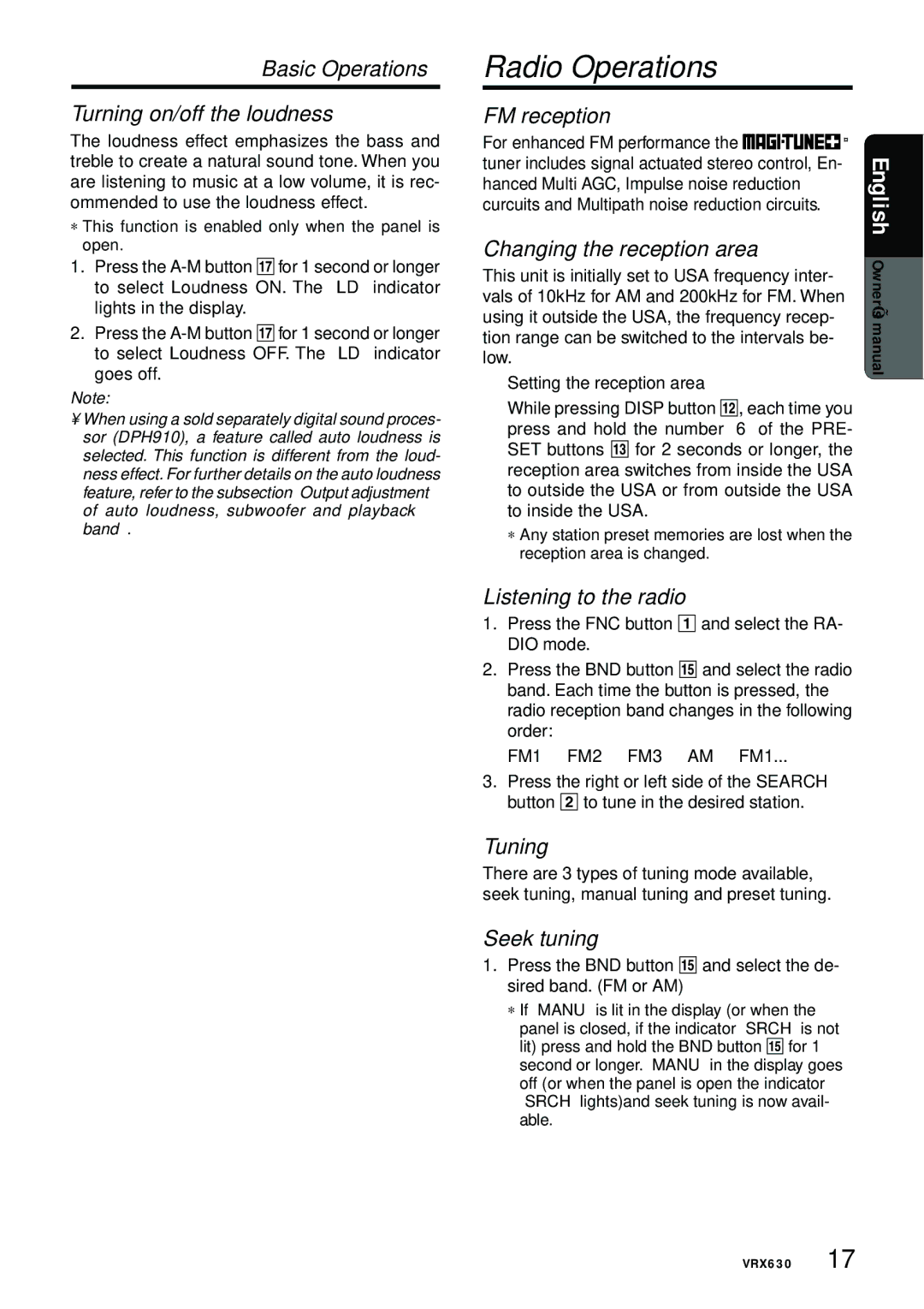 Clarion vrx 630 owner manual Radio Operations 