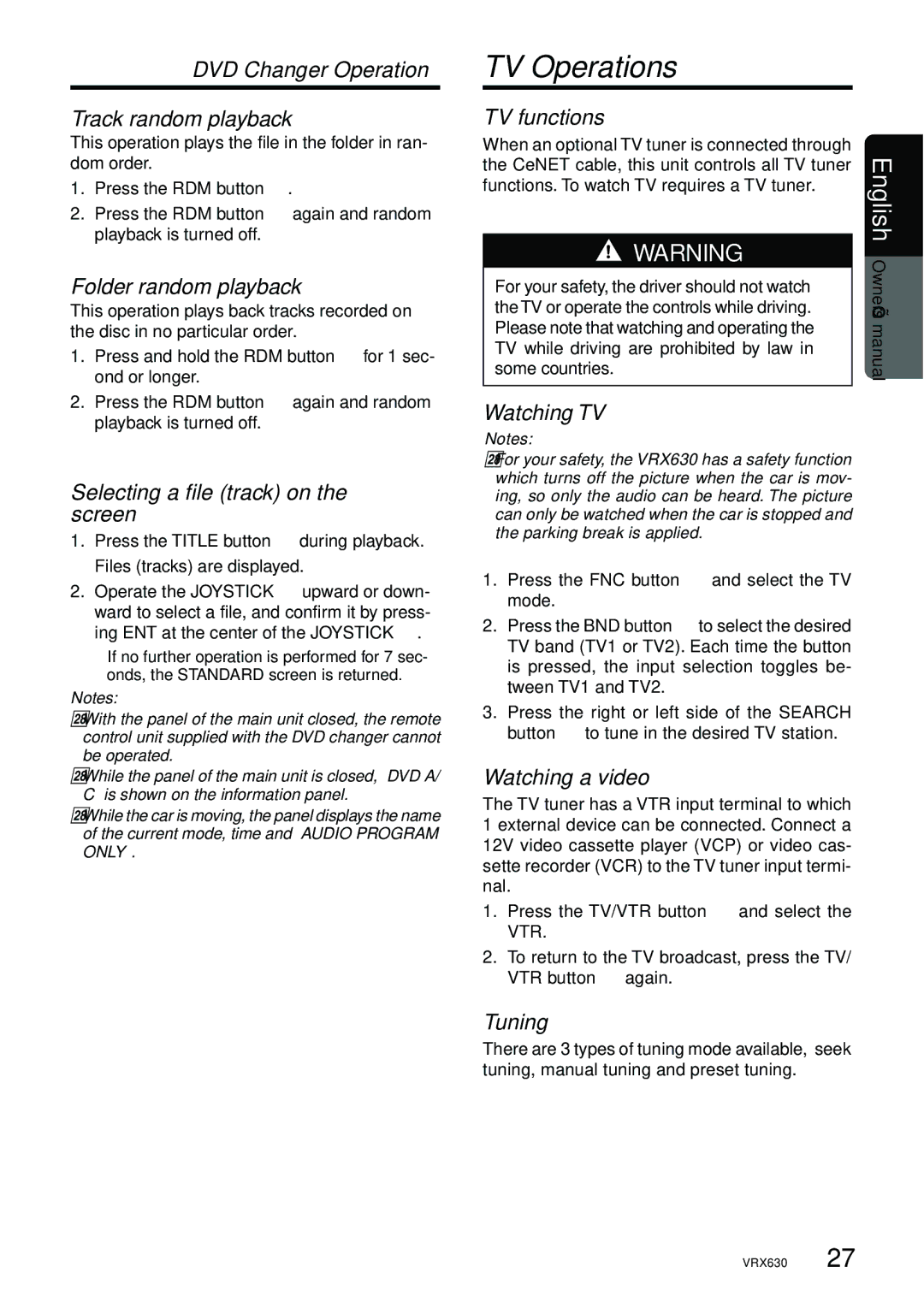 Clarion vrx 630 owner manual TV Operations 