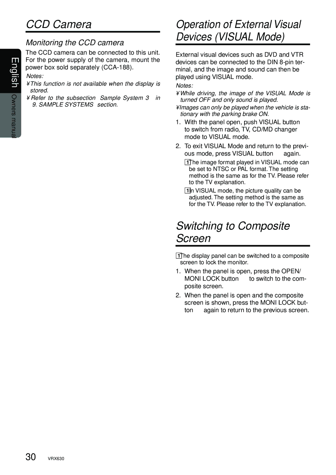 Clarion vrx 630 owner manual CCD Camera, Switching to Composite Screen, Monitoring the CCD camera 