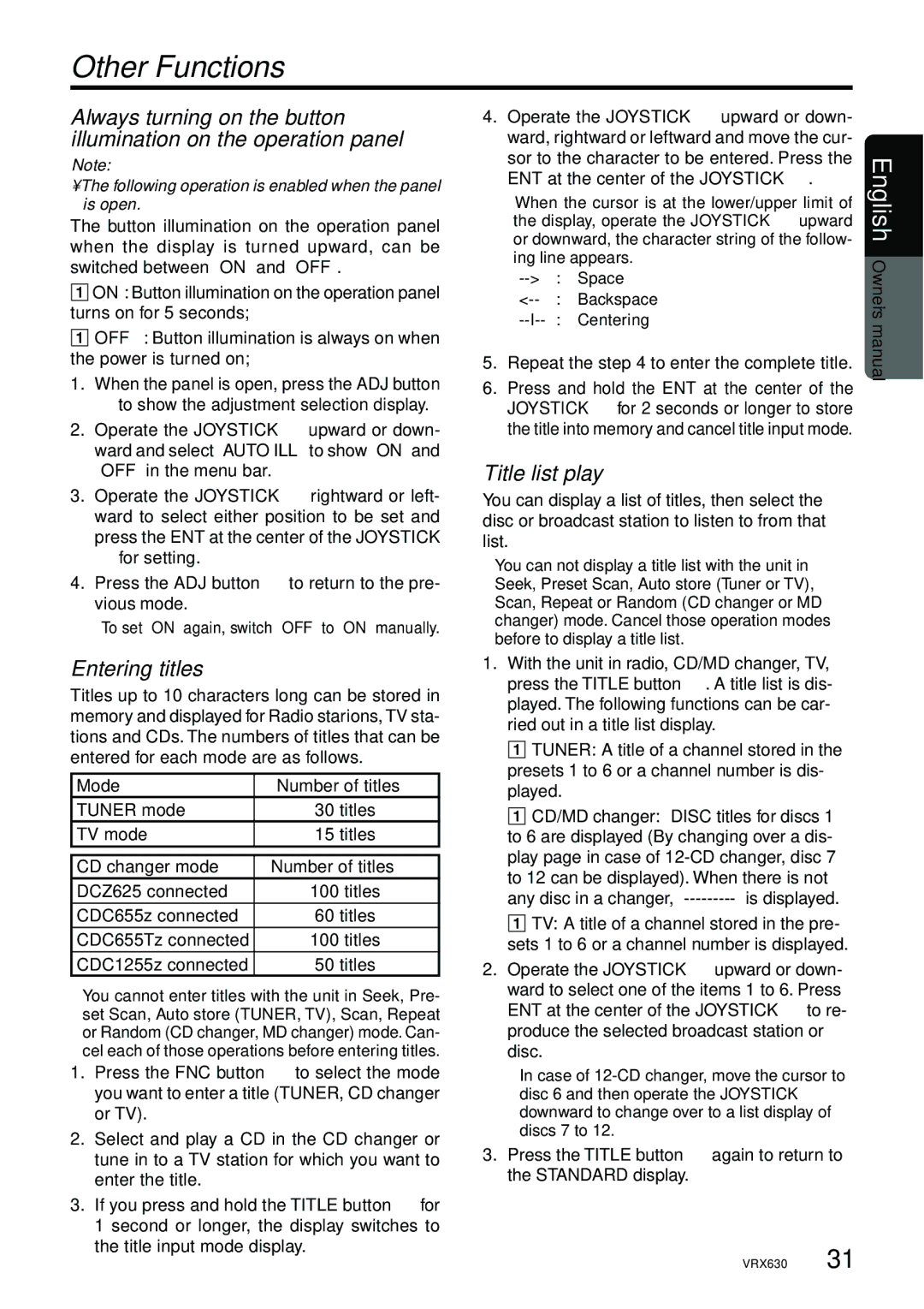 Clarion vrx 630 Other Functions, Entering titles, Title list play, Mode Number of titles, CD changer mode Number of titles 