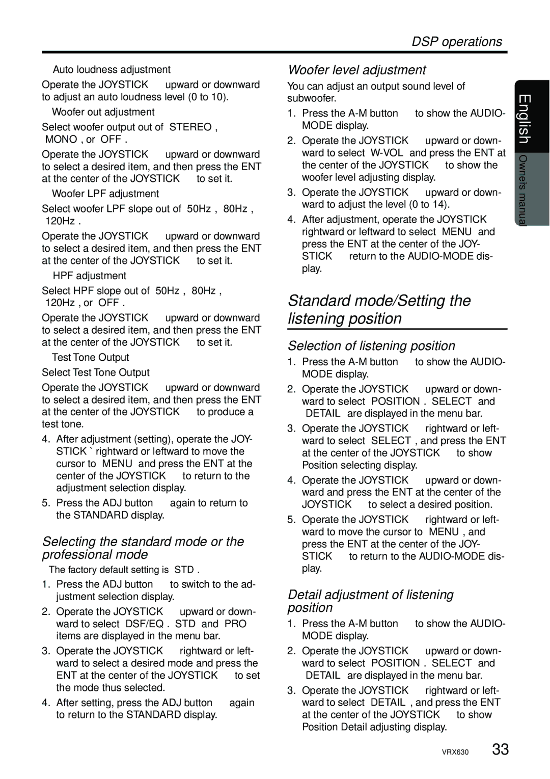 Clarion vrx 630 owner manual Standard mode/Setting the listening position 