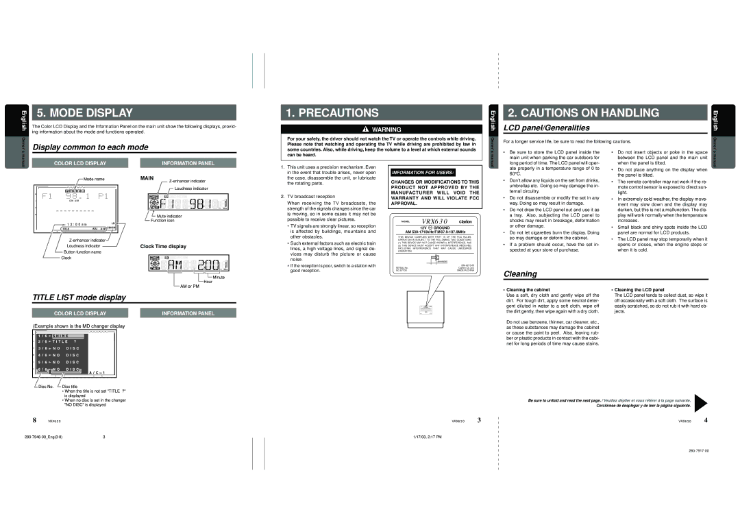 Clarion vrx 630 Ing information about the mode and functions operated, Cleaning the cabinet, Cleaning the LCD panel 