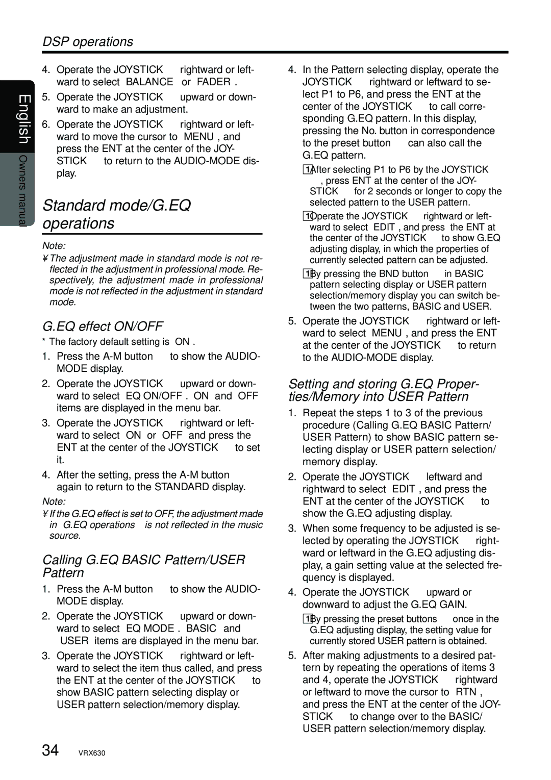 Clarion vrx 630 owner manual Standard mode/G.EQ operations, EQ effect ON/OFF, Calling G.EQ Basic Pattern/USER Pattern 