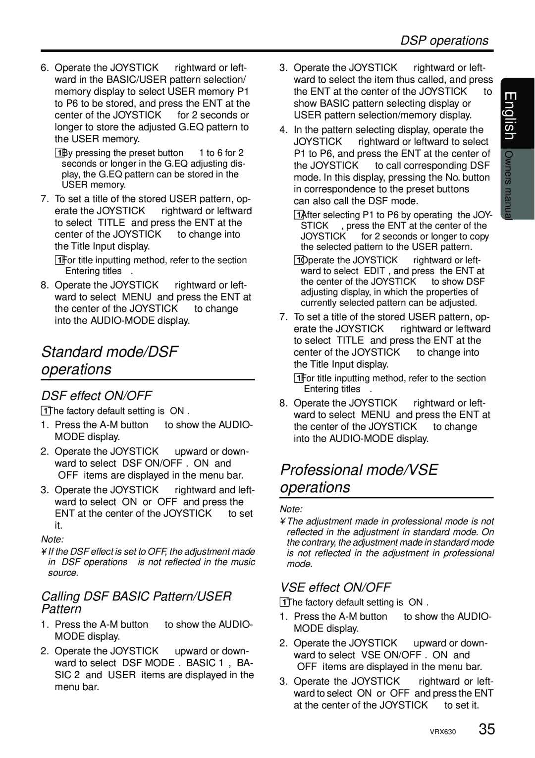 Clarion vrx 630 Standard mode/DSF operations, Professional mode/VSE operations, DSF effect ON/OFF, VSE effect ON/OFF 