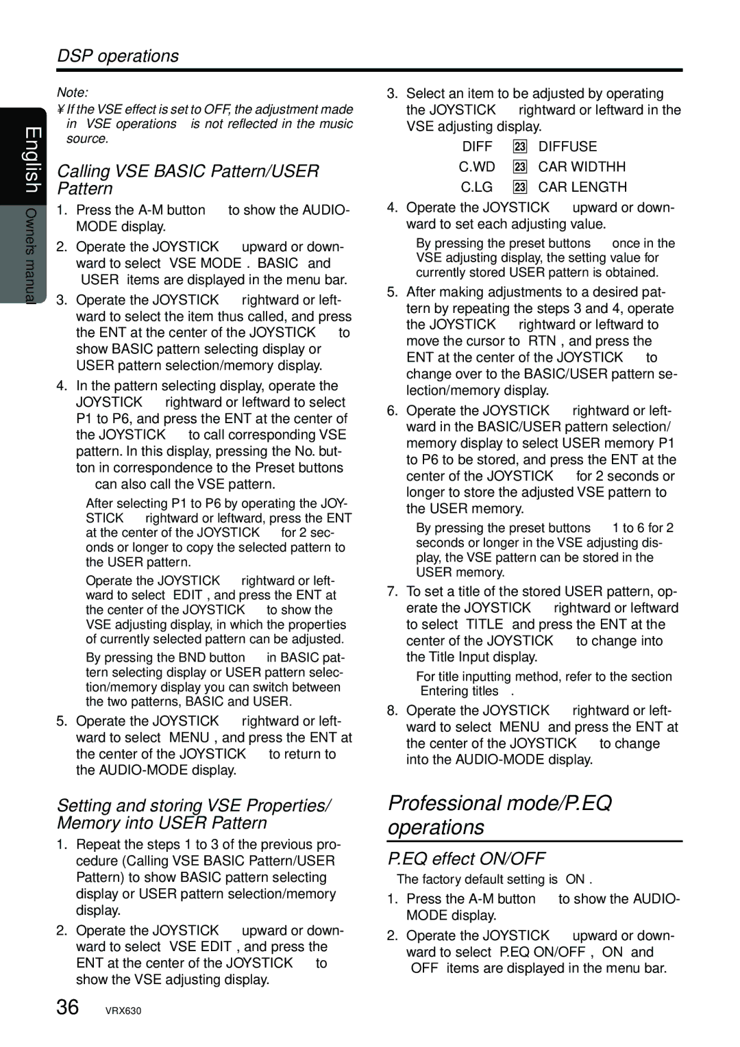 Clarion vrx 630 owner manual Professional mode/P.EQ operations, Calling VSE Basic Pattern/USER Pattern 