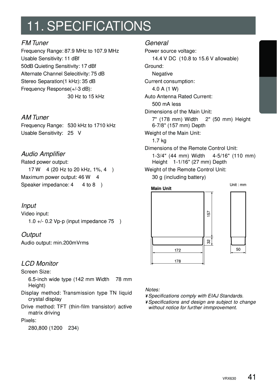 Clarion vrx 630 owner manual FM Tuner, AM Tuner, Audio Amplifier, General, Input, Output, LCD Monitor 