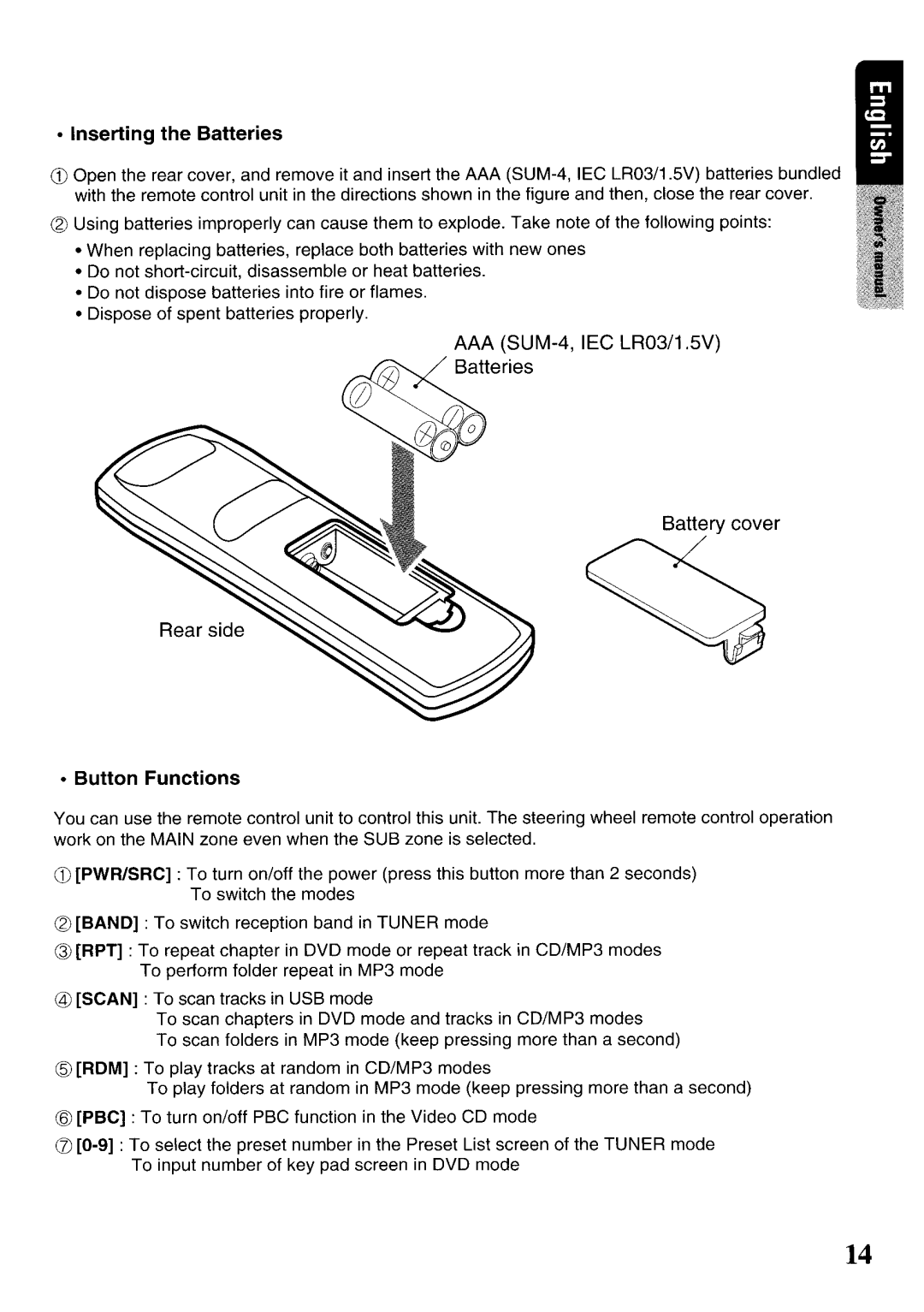 Clarion VRX575USB owner manual Inserting the Batteries 