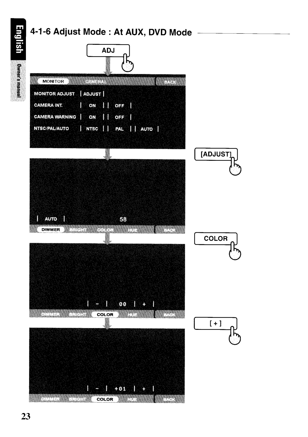 Clarion VRX575USB owner manual Adjust Mode At AUX, DVD Mode 