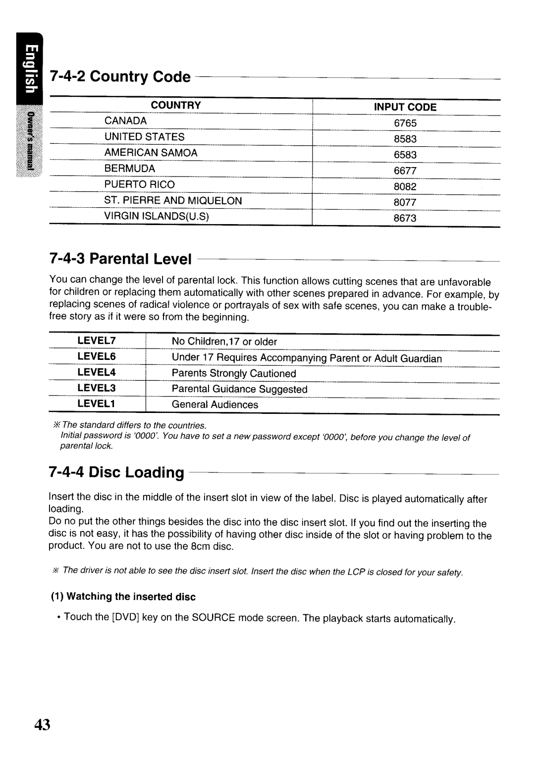 Clarion VRX575USB owner manual Country, LEVEL1, General Audiences, Watching the inserted disc 