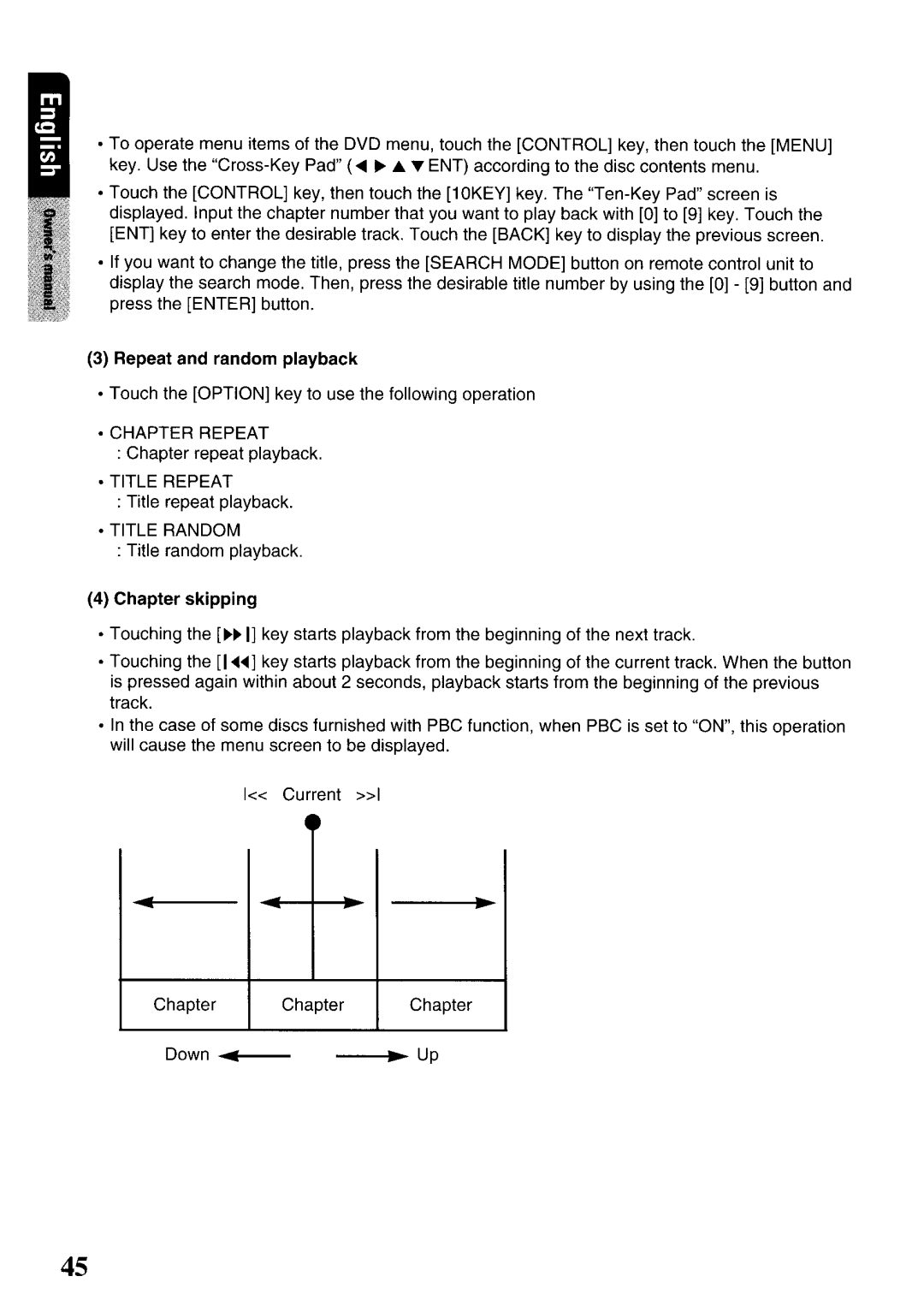 Clarion VRX575USB owner manual Repeat and random playback, Chapter skipping, Down .............-- --..~~Up 