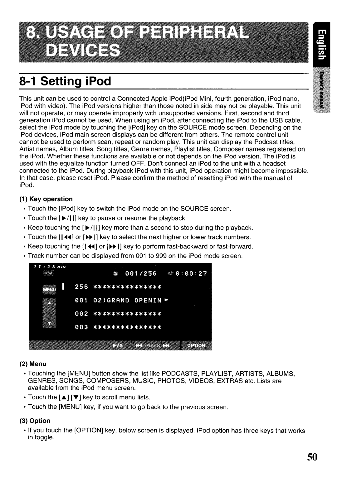 Clarion VRX575USB owner manual Setting iPod 