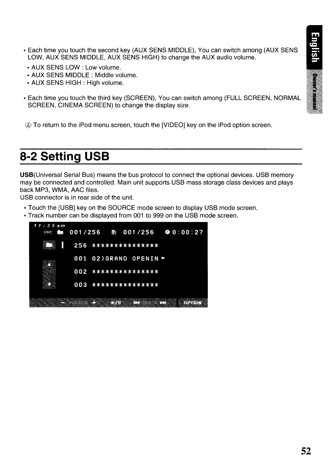 Clarion VRX575USB owner manual Setting USB 