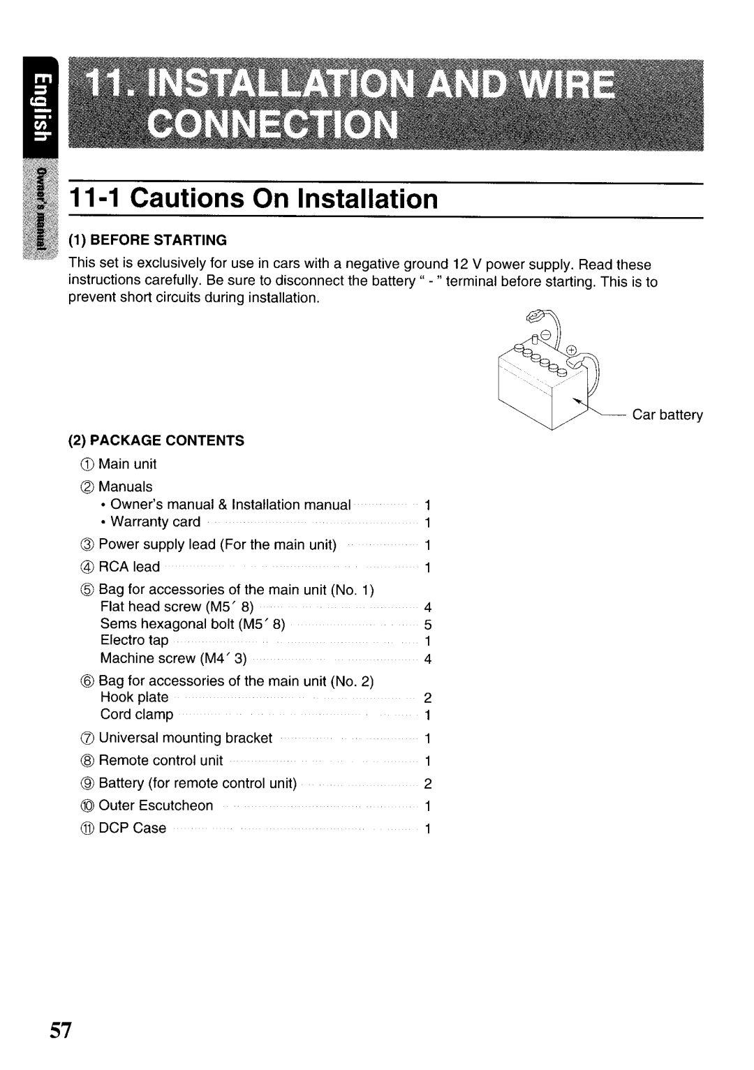 Clarion VRX575USB owner manual Before Starting, Package Contents 