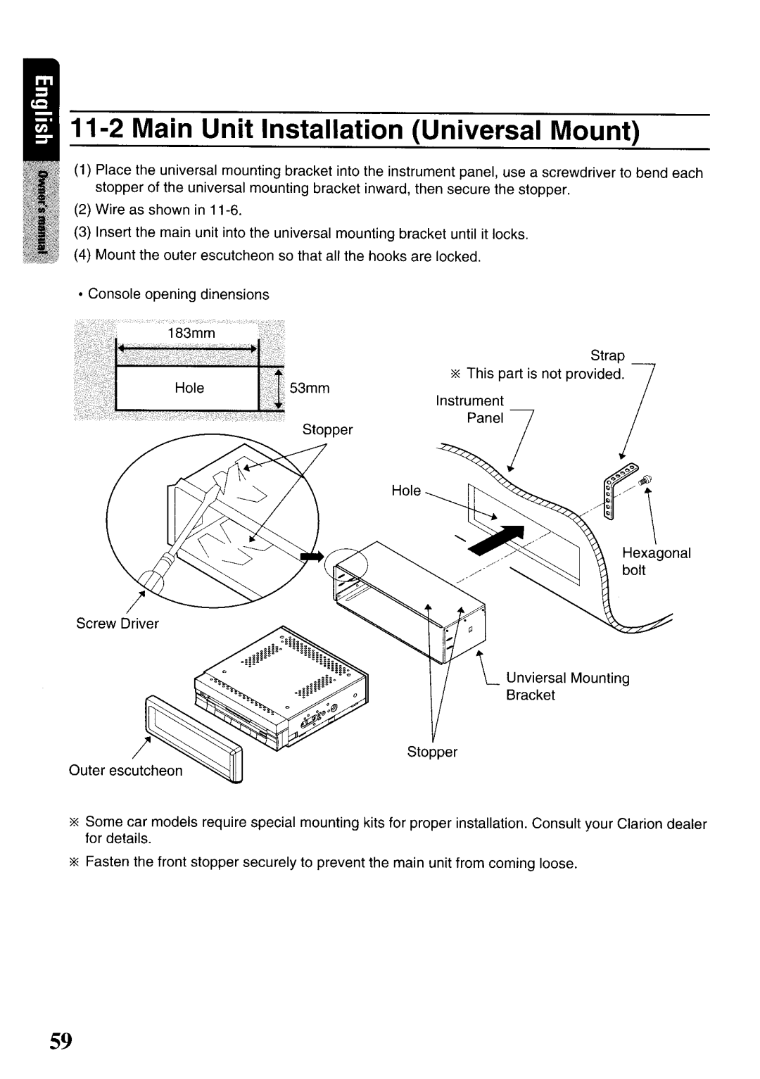 Clarion VRX575USB owner manual Main Unit Installation Universal Mount 