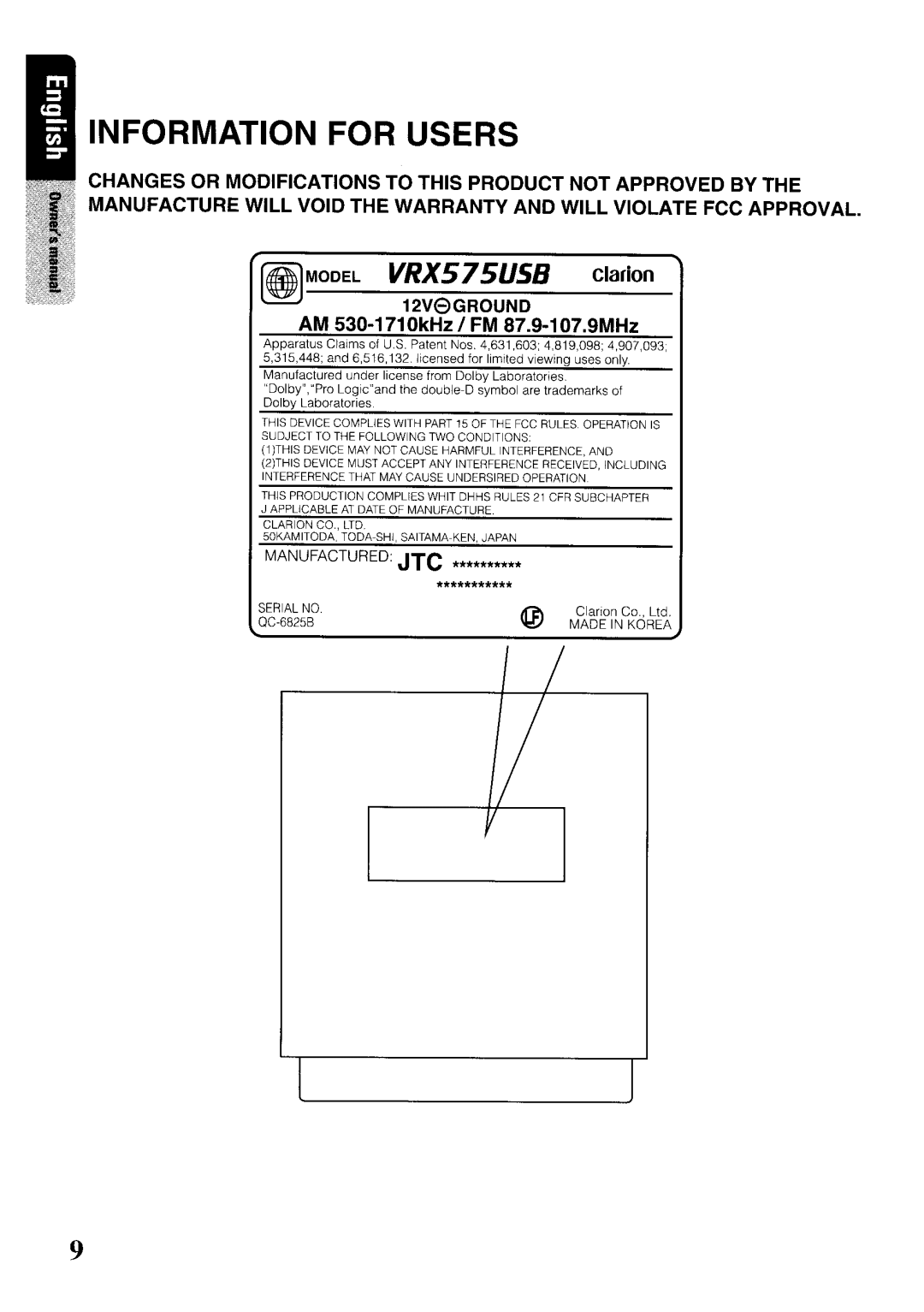 Clarion VRX575USB owner manual Information for Users, 12V8GROUND 