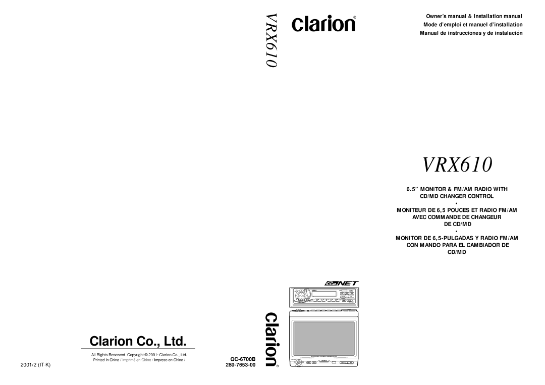 Clarion VRX610 owner manual QC-6700B, 280-7653-00 