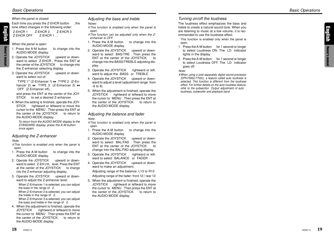 Clarion VRX610 Adjusting the bass and treble, Basic Operations Turning on/off the loudness, Adjusting the Z-enhancer 