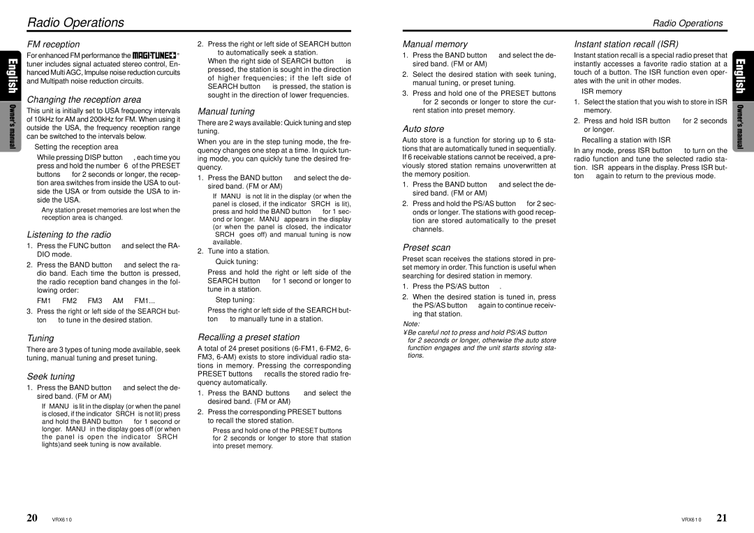 Clarion VRX610 owner manual Radio Operations 