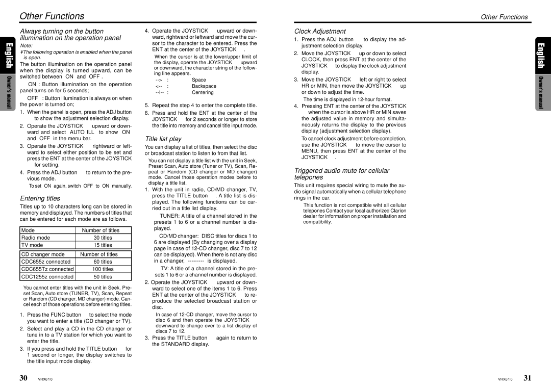 Clarion VRX610 owner manual Other Functions, Clock Adjustment, Entering titles, Title list play 