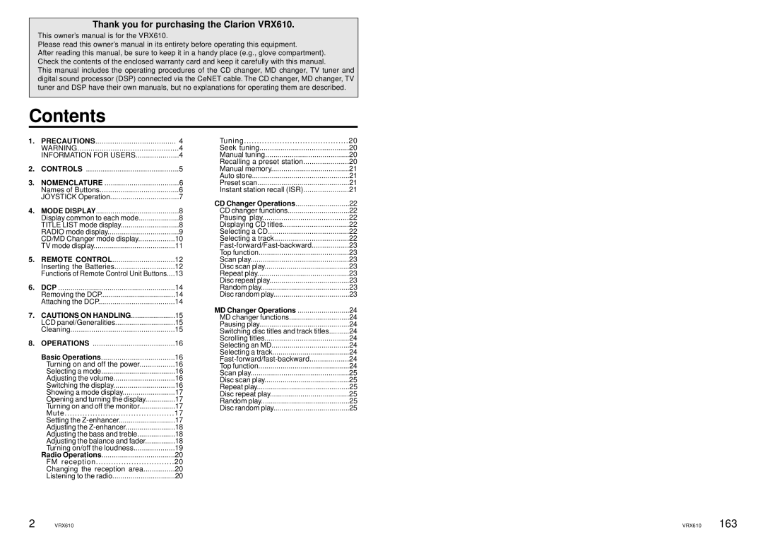 Clarion VRX610 owner manual Contents 