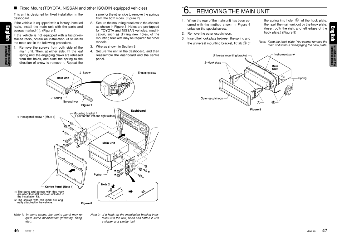 Clarion VRX610 owner manual Removing the Main Unit 