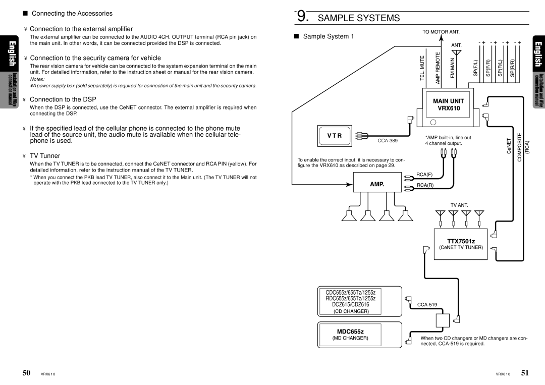 Clarion VRX610 owner manual Sample Systems, Connection to the security camera for vehicle 