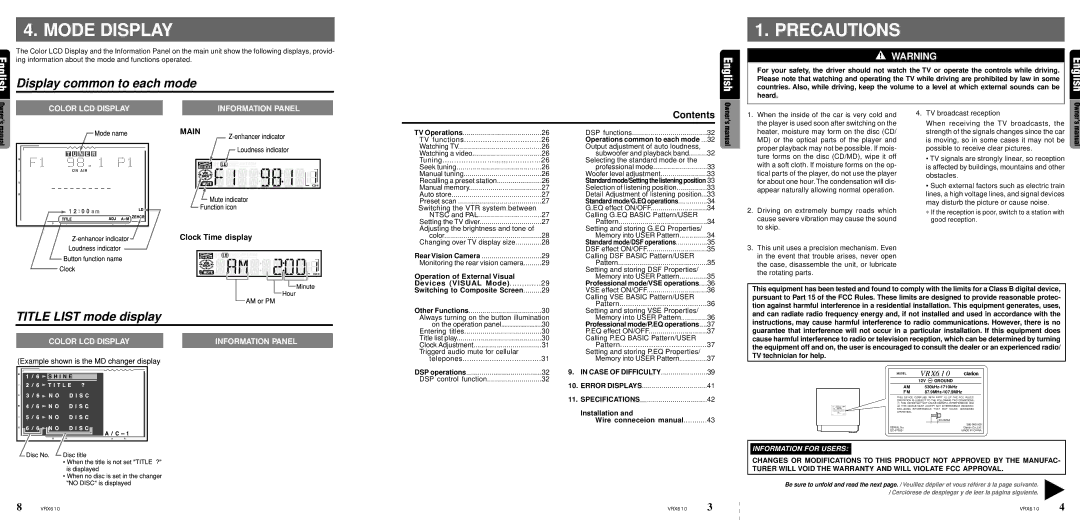 Clarion VRX610 owner manual Mode Display, Precautions, Display common to each mode, Title List mode display 