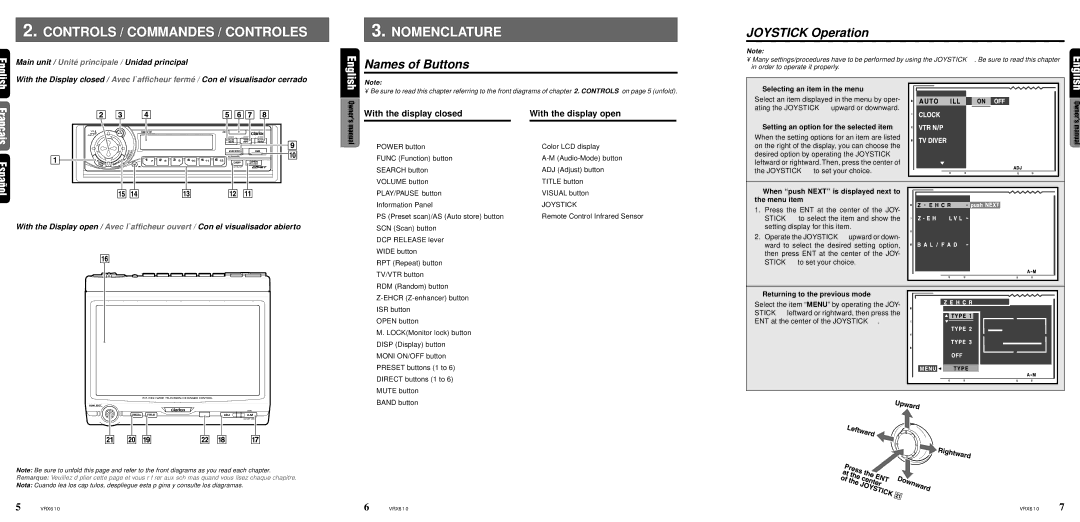 Clarion VRX610 owner manual Names of Buttons, Joystick Operation 