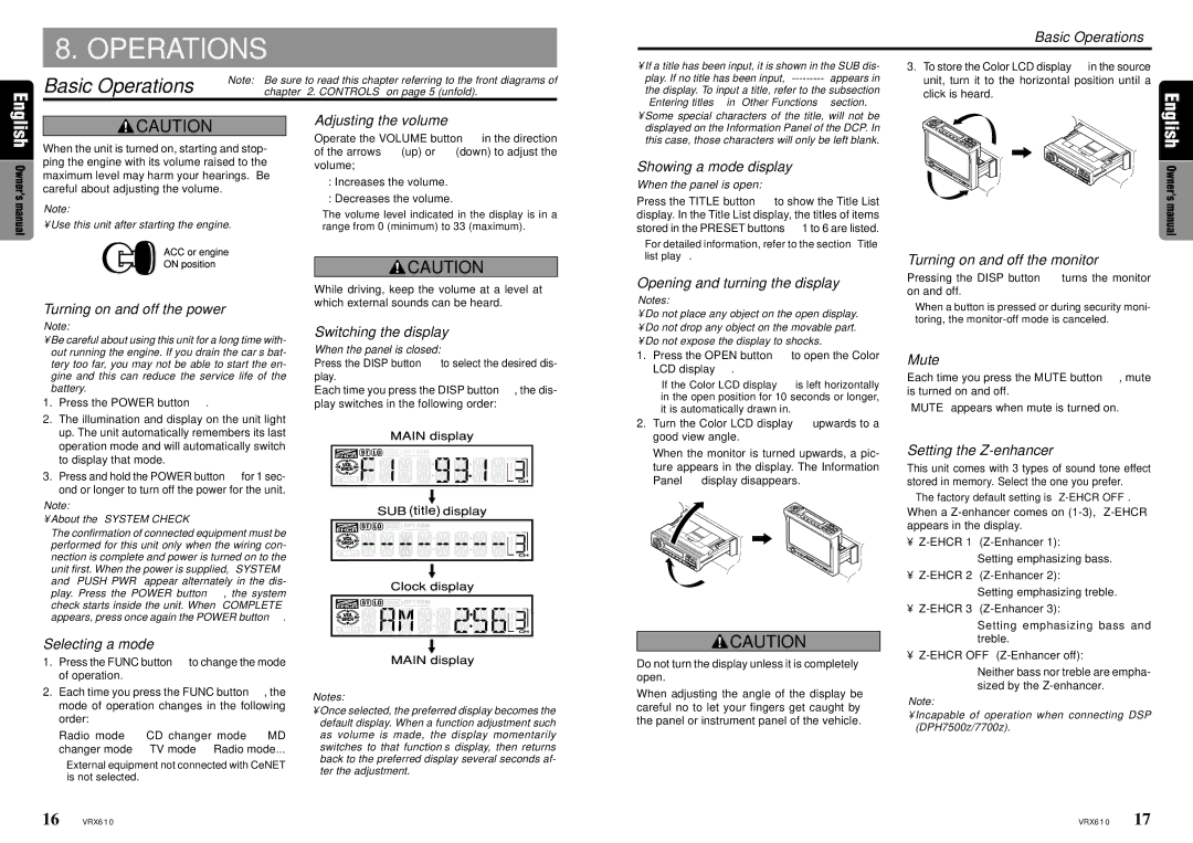 Clarion VRX610 owner manual Basic Operations 