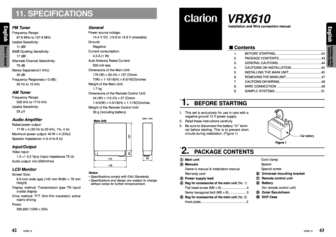 Clarion VRX610 Specifications, Before Starting, Package Contents, FM Tuner, AM Tuner, General, Audio Amplifier, Main unit 