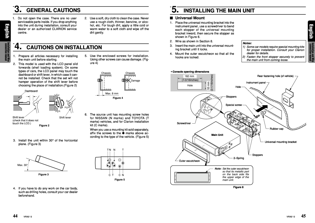 Clarion VRX610 owner manual General Cautions, Installing The Main Unit, Cautions On Installation, Universal Mount 