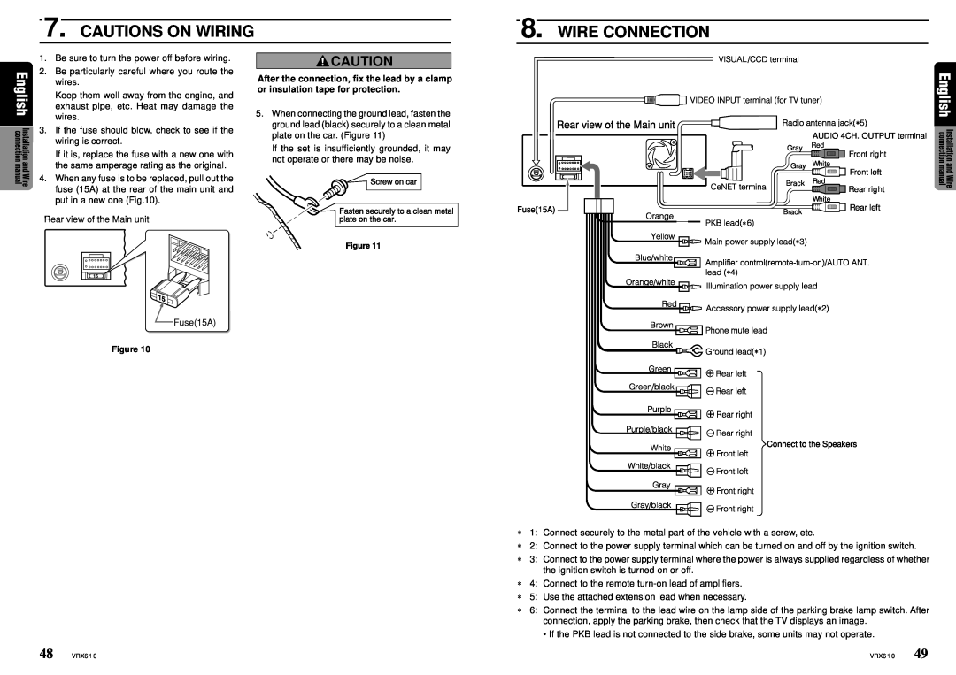 Clarion VRX610 owner manual Cautions On Wiring, Wire Connection 