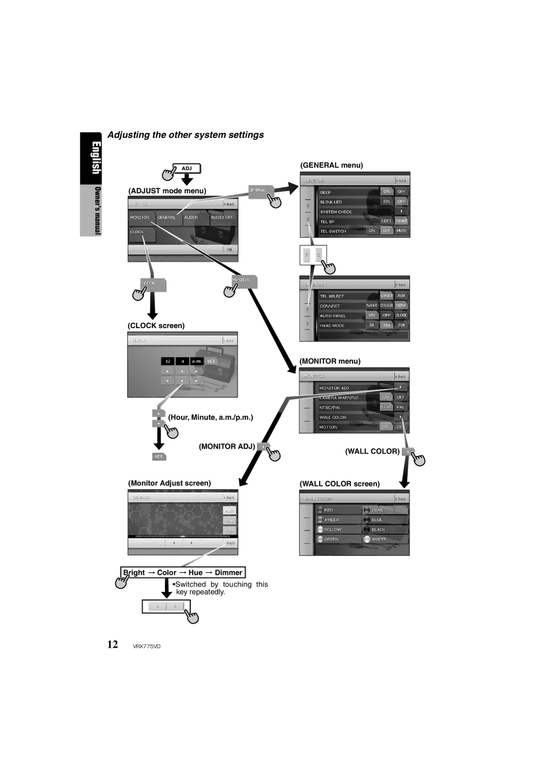 Clarion VRX775VD owner manual Adjusting the other system settings, Monitor ADJ, Wall Color 