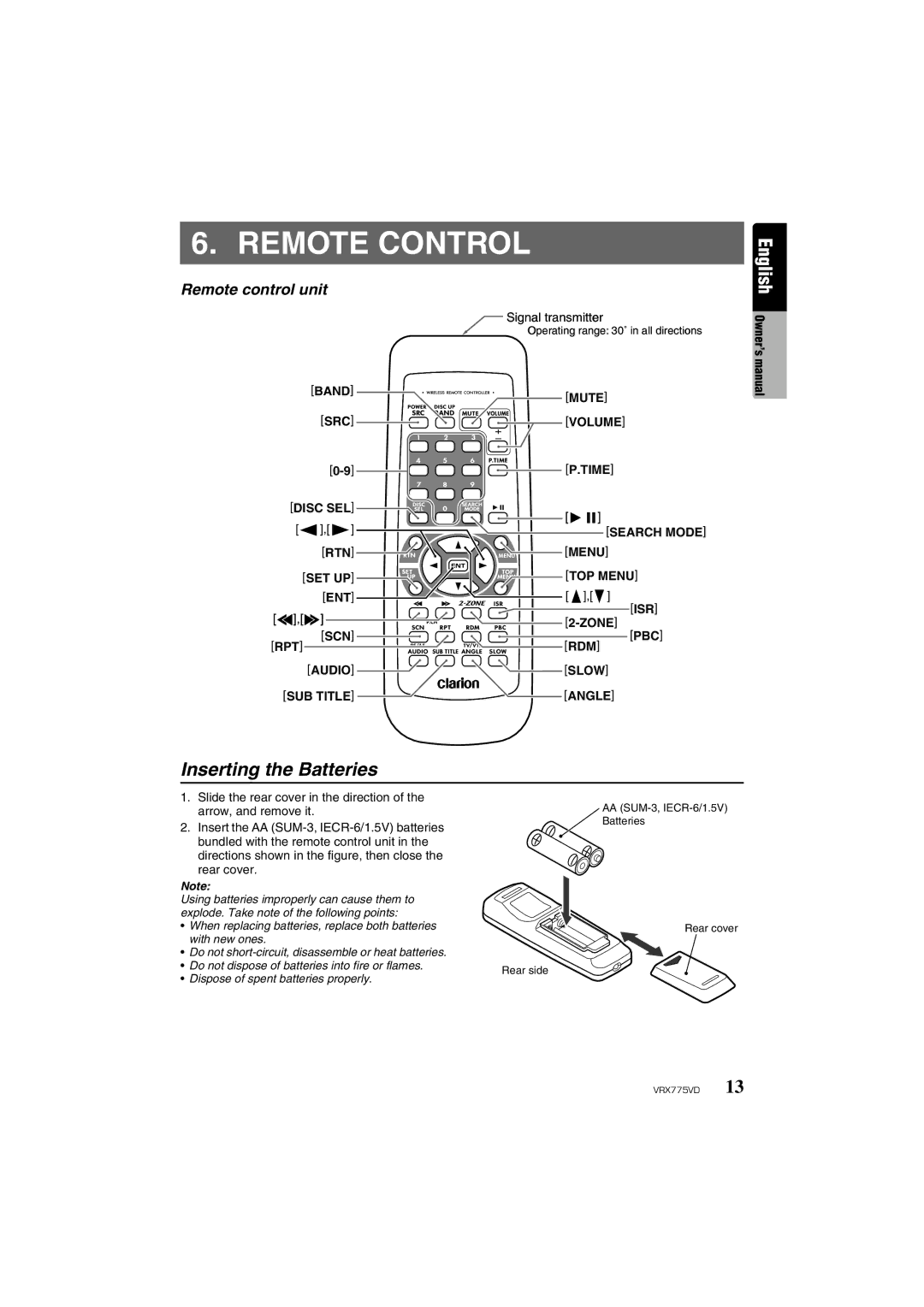 Clarion VRX775VD owner manual Remote Control, Inserting the Batteries, Remote control unit 