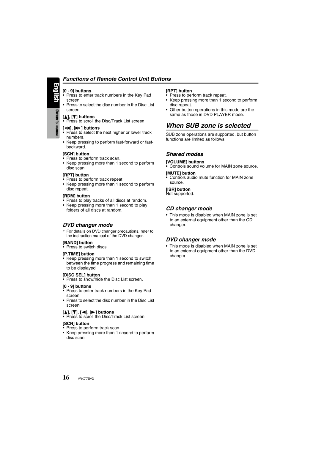 Clarion VRX775VD owner manual When SUB zone is selected, DVD changer mode 