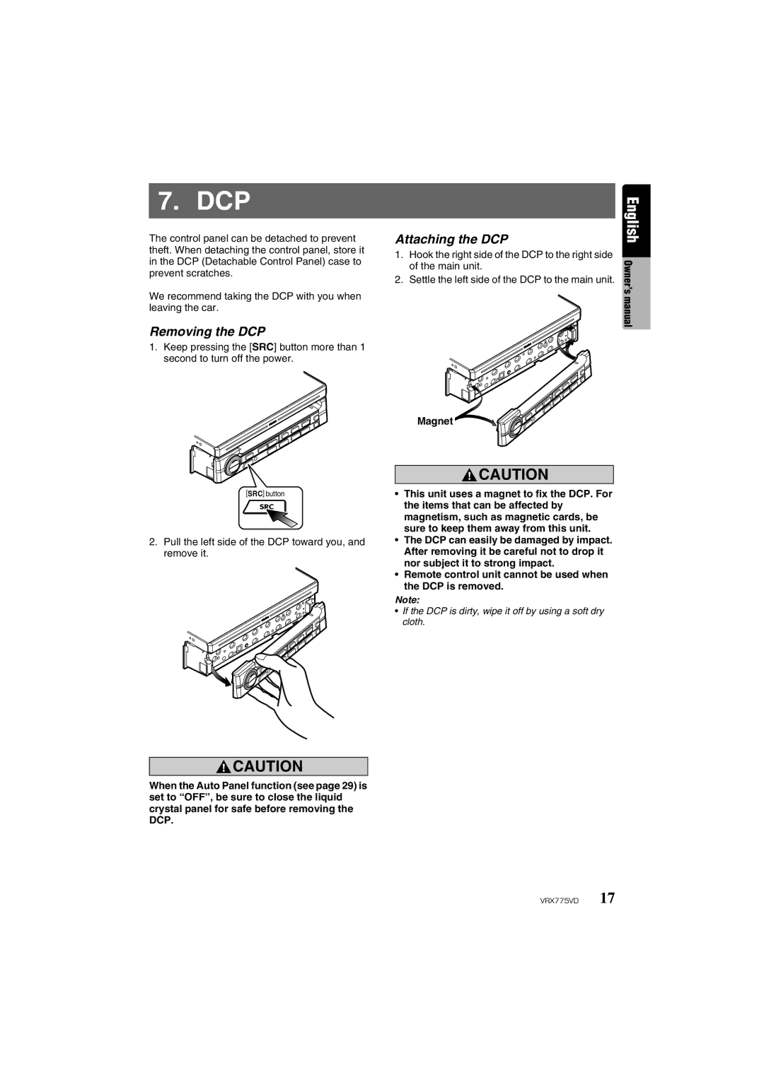 Clarion VRX775VD Removing the DCP, Attaching the DCP, Pull the left side of the DCP toward you, and remove it, Magnet 