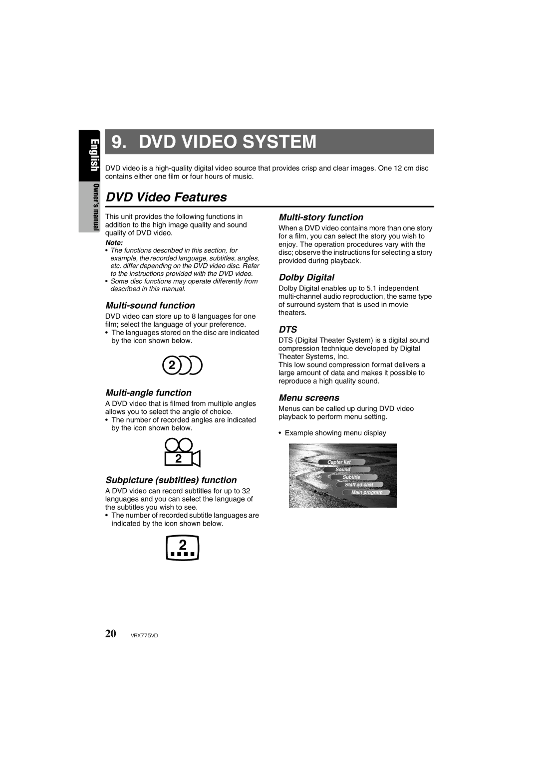 Clarion VRX775VD owner manual DVD Video System, DVD Video Features 